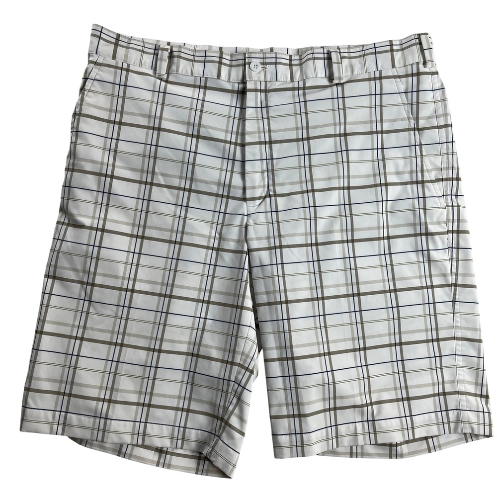 Nike Golf Dri-FIT Plaid‎ Shorts Mens 36 White Gray Performance Golf Flat Front
